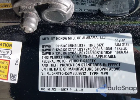 2021 Honda Pilot 2Wd Ex-L from USA, damaged, VIN 5FNYF5H50MB009612
